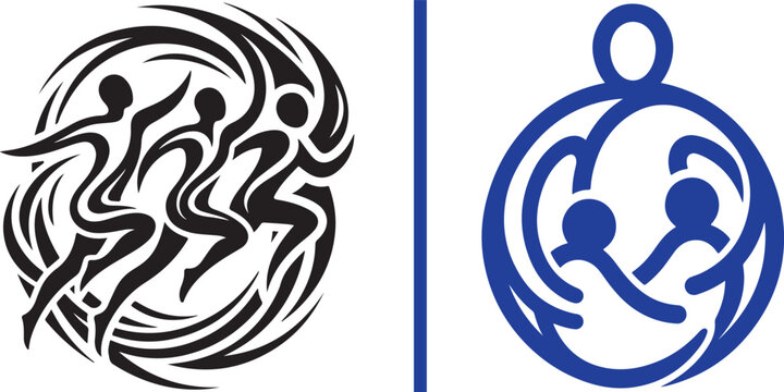 Abstract human figure icons for community and family unity featuring tribal motion graphic and parent child embrace vector set