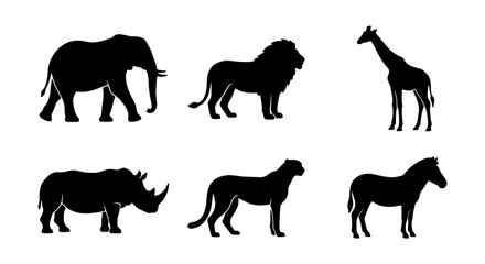 African Wildlife Silhouettes: Elephant, Lion, Giraffe, Rhino, Cheetah, Zebra Vector Set © Abdur