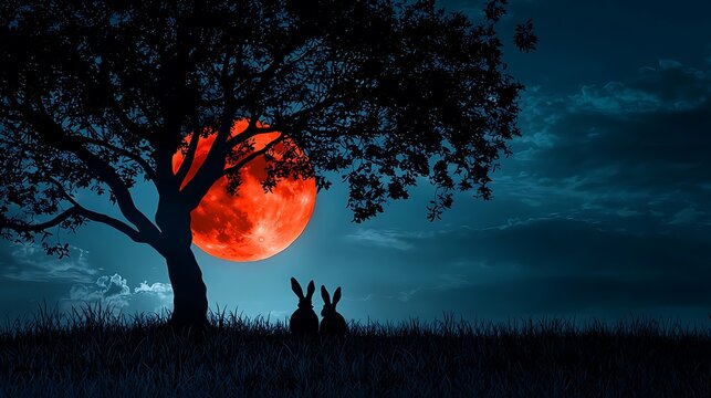 Two rabbits sitting under a large tree watching a big glowing red moon in the night sky