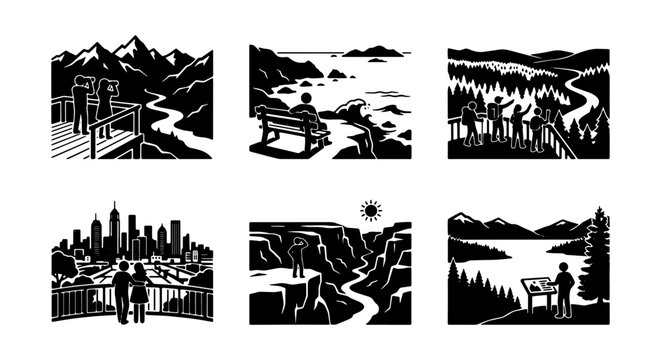 Scenic Viewpoint Icons, Nature & City Overlooks, Landscape Vistas, Travel Destination Graphics