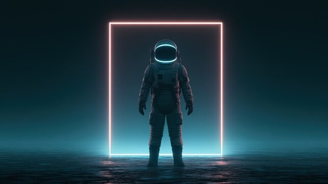 Astronaut standing inside a glowing neon frame in deep space environment