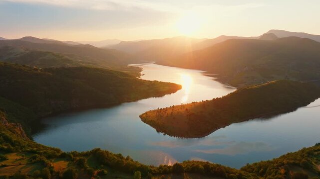 Kardzhali Reservoir Winding Lake Aerial Drone View Sunset Golden Hour Bulgaria Mountain Forest Green Valley Summer Sunbeams Scenic Landscape Tourism Travel Nature Balkans Destination Tranquil Water Re