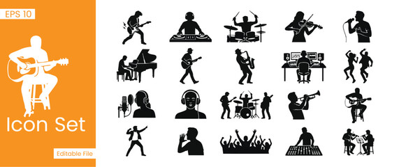 Live Music Performance and Musicians Icon Set Premium Vector Silhouettes for Band Concerts Singers and Musical Instruments © emocarft