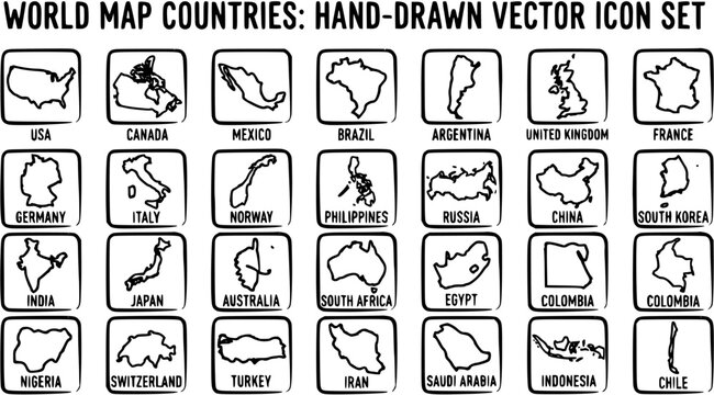 World Map Countries Hand Drawn Vector Icon Set, Travel, Geography, Global Icons