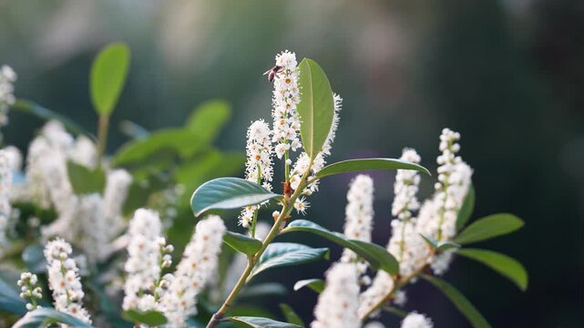 Bee collects pollen from blooming bush with white flowers known as Prunus laurocerasus or Cherry Laurel, lush flowering plant English Laurel or Common Laurel blossoming outside in spring garden.