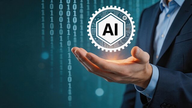 Professional hand holding illuminated AI chip inside gear against binary code background, conveying core artificial intelligence hardware, computational power and digital
