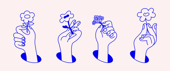 Naklejka na ściany i meble Vector hand drawn gesture, doodle sketchy illustration, sign, hand holding flower, gift and present concept