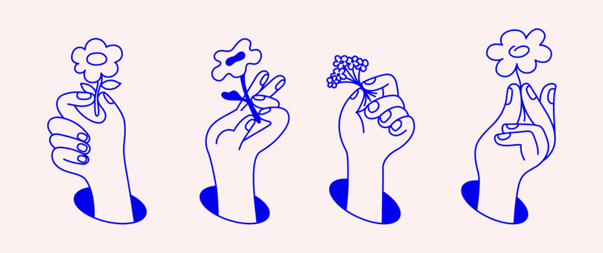 Vector hand drawn gesture, doodle sketchy illustration, sign, hand holding flower, gift and present concept