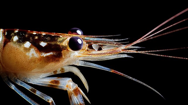 Close up macro shot of a live shrimp head and long antennae on a dark black background