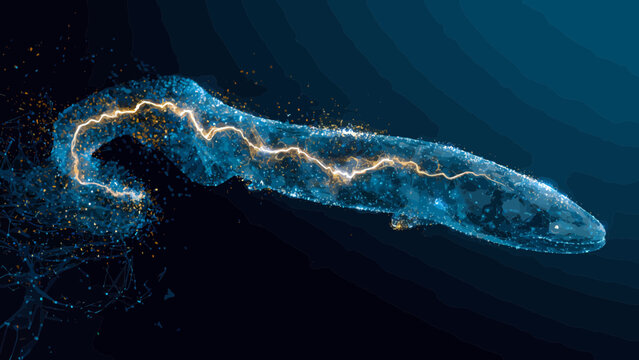 Salamander composed of shimmering blue light particles glides through a dark void as a metaphor for elusive nature and biological adaptation.