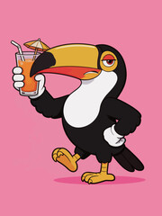 Fototapeta premium Cartoon Toucan Holding Tropical Cocktail Drink