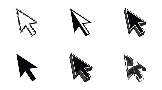Mouse cursor icon set with arrow pointer variations in outline solid and 3d styles for user interface design