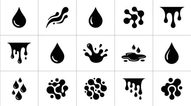 Collection of black ink drops and splashes icons.