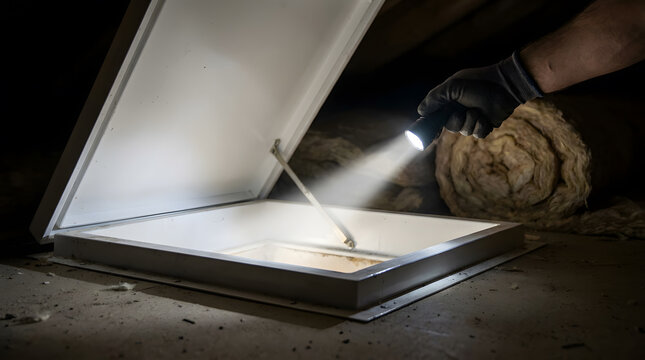 Hand in protective glove shining a bright LED flashlight into an open attic hatch for home maintenance inspection, revealing rolls of thermal insulation material in a dark dusty crawl space.