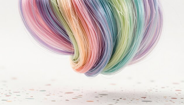 Close-up of a twisted lock of multicolored pastel hair floating over a white speckled surface. Use: fashion blog, hair salon ad.