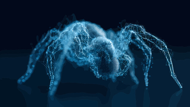 Spider formed by glowing blue digital particles crawls across a dark surface to represent the intersection of nature and advanced computer technology.