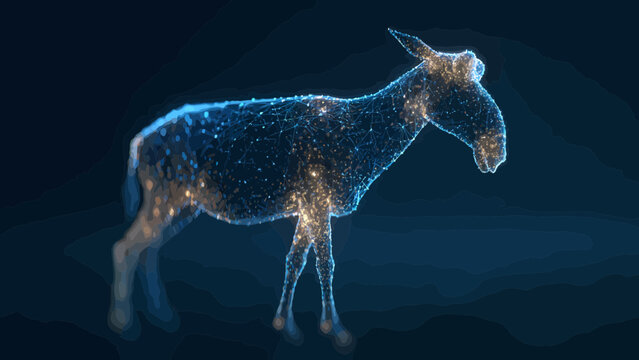 Donkey silhouette composed of sparkling blue constellations stands as a celestial representation of a humble animal in a vast dark void.