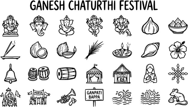 Ganesh Chaturthi Hindu Festival Black  White Line Art Icons. Hand-drawn Lord Ganesha worship elements, cultural symbols, and celebration doodles.