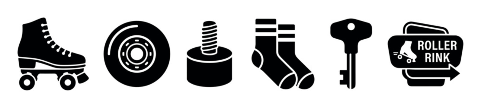 Six black glyph icons representing roller skating elements, including a skate, wheel, toe stop, socks, key, and roller rink sign