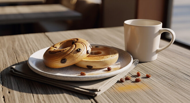 A cinnamon raisin bagel served on a ceramic plate with a cup of coffee on a rustic wooden table surface during a sunny morning breakfast time setup