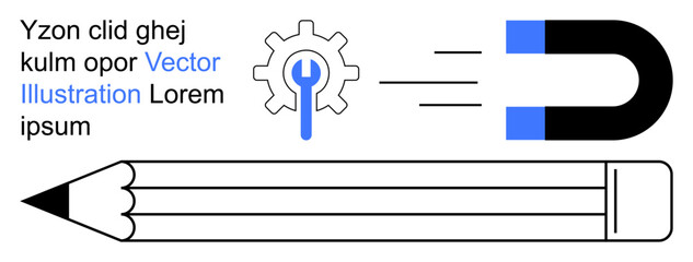 Engineering, creativity, education, magnetic force, mechanics, design. A gear with a wrench, a pencil and a magnet. Engineering and creativity conveyed through symbolic elements © robu_s