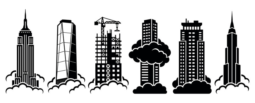 Various black silhouette skyscraper icons with different architectural styles and construction phases, depicted with smoke or clouds at their bases