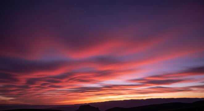 Ciel de coucher de soleil spectaculaire aux couleurs vibrantes sur un paysage en silhouette