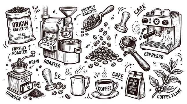 Various coffee-making elements are intricately drawn in a detailed, hand-drawn sketch style, showcasing the process from bean to cup