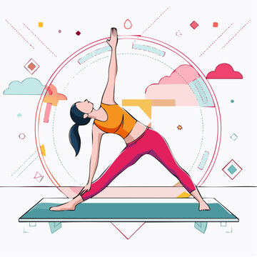 Woman practicing yoga triangle pose with abstract geometric background