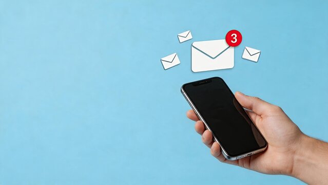 Hand holding black smartphone with floating white envelope icons and red notification badge showing number three, representing new email messages, inbox alerts, digital