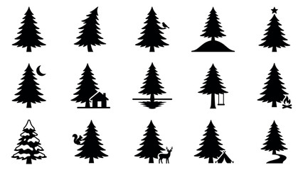 Obraz premium Collection of various stylized black pine tree silhouettes with different natural elements and outdoor activity symbols