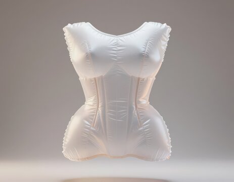 A white glossy inflatable corset-shaped object floating against a neutral background. Use: fashion editorial, art project, design backdrop.