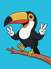 Fototapeta premium Cartoon Toucan Standing on Tree Branch Making Peace Gestures