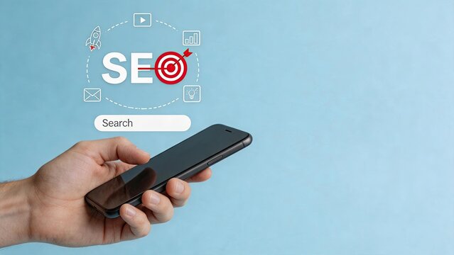 Hand holding smartphone with SEO search engine optimization concept, target arrow, video play button, analytics chart, lightbulb idea, email icon, representing digital marketing