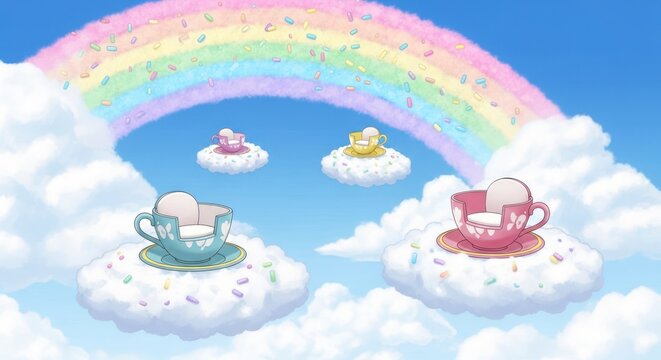 Sc&egrave;ne f&eacute;erique avec des tasses de th&eacute; sur des nuages ​​sous un arc-en-ciel dans un ciel lumineux