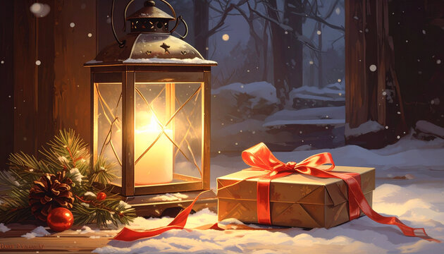 Lanterne en cadeau et sc&egrave;ne hivernale enneig&eacute;e