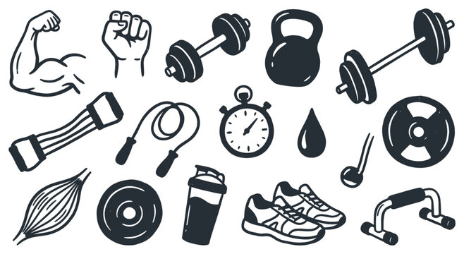 Various hand-drawn fitness and gym equipment icons are arranged in a dynamic pattern, depicting a healthy and active lifestyle