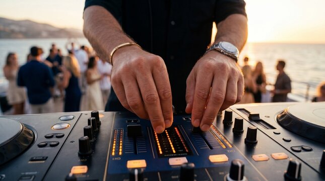 DJ mixing music on yacht at sunset celebration