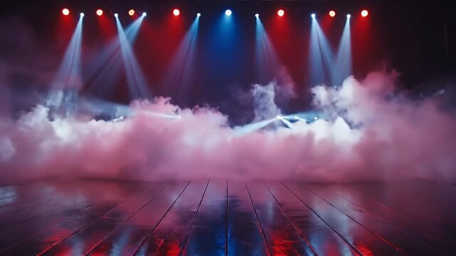 Empty Theater Stage Bathed in Red and Blue Lights with Dense Fog