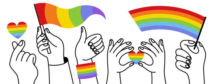 Vector illustration in flat simple linear style, hands and gestures, pride parade and month LGBT, lesbian gay bisexual transgender love concept, stickers, t-shirt print sand logo design templates