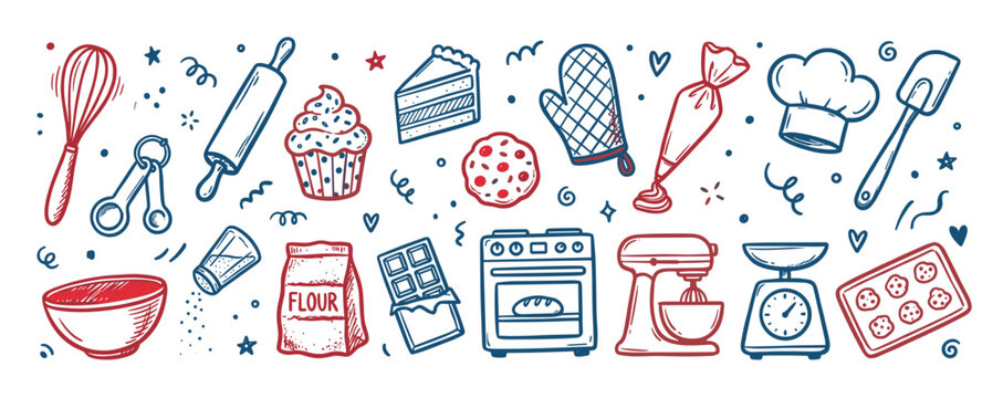 Hand-drawn red and blue baking tools and dessert ingredients pattern on a clean white surface, featuring kitchen utensils and sweet treats