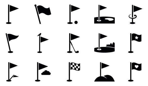 Various black golf flag icons with different designs and elements, including a ball, club, and hole, presented in a clean graphic style