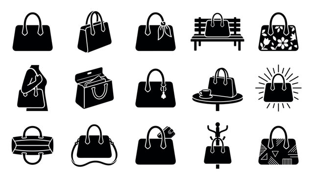 Collection of various black silhouette women's handbags and purses displayed in a clean, graphic style