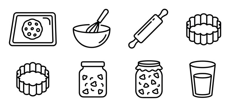 Collection of eight black outline baking and cooking icons, including a cookie on a tray, a whisk in a bowl, a rolling pin, two fluted cake molds, two jars of jam, and a glass of milk,