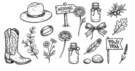 Obraz premium Hand-drawn rustic wedding elements including a cowboy hat, boot, flowers, and decorative items in a vintage sketch style