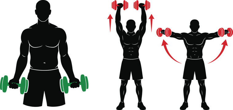 Man performing dumbbell exercises for chest and shoulders with directional arrows during workout