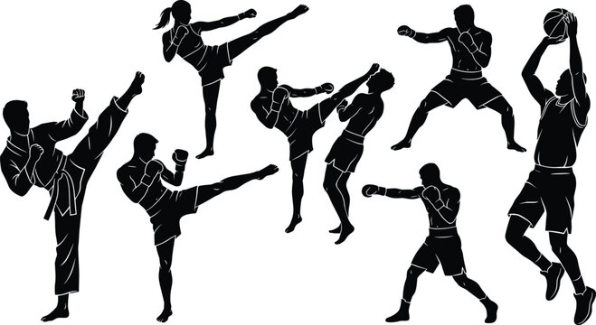 Martial artists and basketball player silhouettes in dynamic action poses against a white background