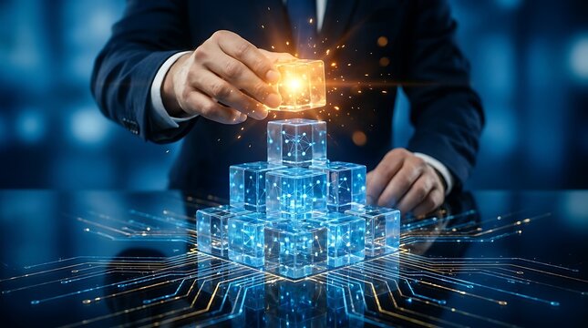 Businessman's hand places glowing cube atop stack of digital blocks, symbolizing data integration, innovation, and technological advancement in network.