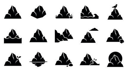 Fototapeta premium Collection of black silhouette mountain and rock icons, featuring various natural elements like water, plants, and a bird, presented in a clean, graphic style