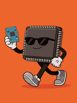 Cool CPU Mascot Walking and Holding Microcontroller Board